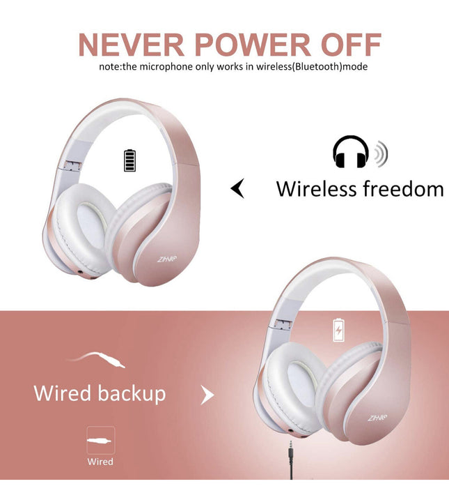 سماعات لاسلكيه بلوتوث Bluetooth Headphones Over-Ear, Zihnic Foldable Wireless and Wired Stereo Headset Micro SD/TF, FM for Cell Phone,PC,Soft Earmuffs &Light Weight for Prolonged Waring