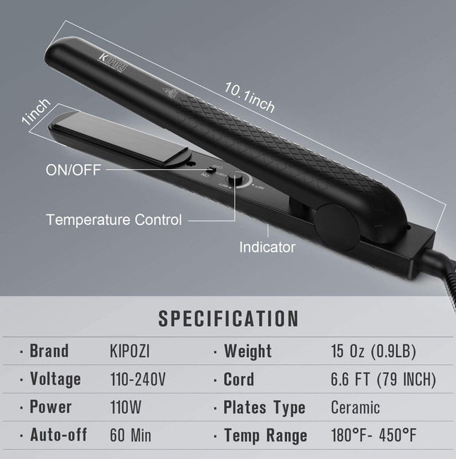 KIPOZI 1 Inch Flat Iron Professional Hair Straighteners Ceramic Plates Straightens & Curls All Hair Types Anti frizz 180℉ to 450℉ Adjustable Temp Dual Voltage Black
